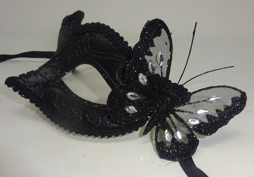 Black Venetian Masquerade Ball Party Carnival Mask with Black Butterfly Details