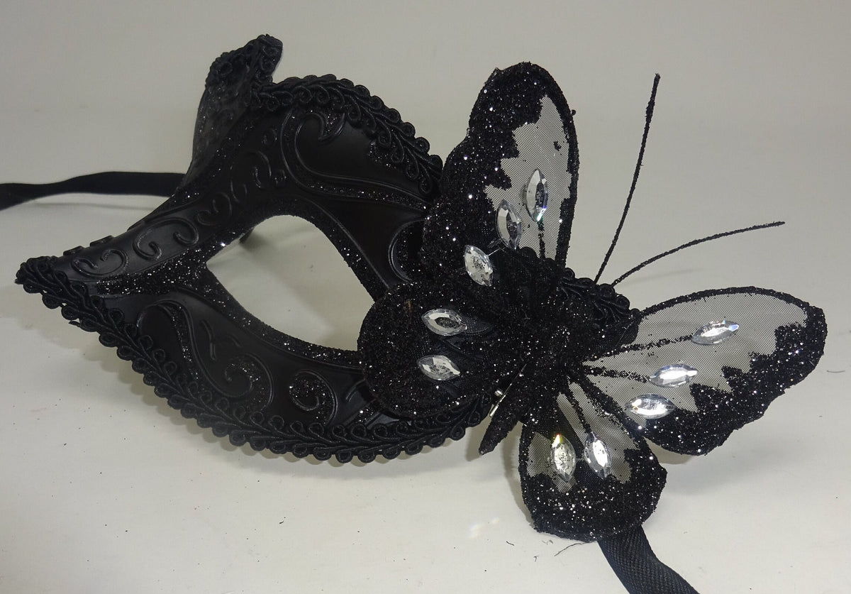 Black Venetian Masquerade Ball Party Carnival Mask with Black Butterfly Details