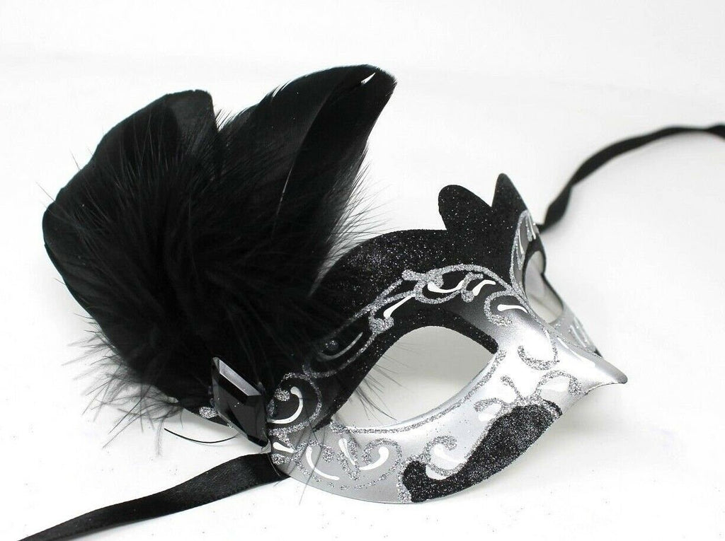 Stunning Black and Silver Feather Masquerade Mask