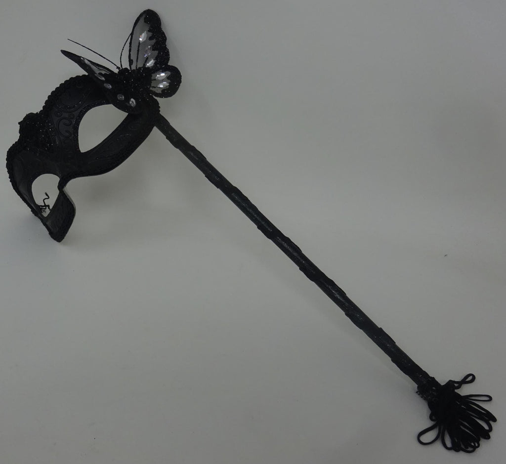 Black Venetian Masquerade Ball Party Carnival Mask with Black Butterfly Details on a Hand Held Stick
