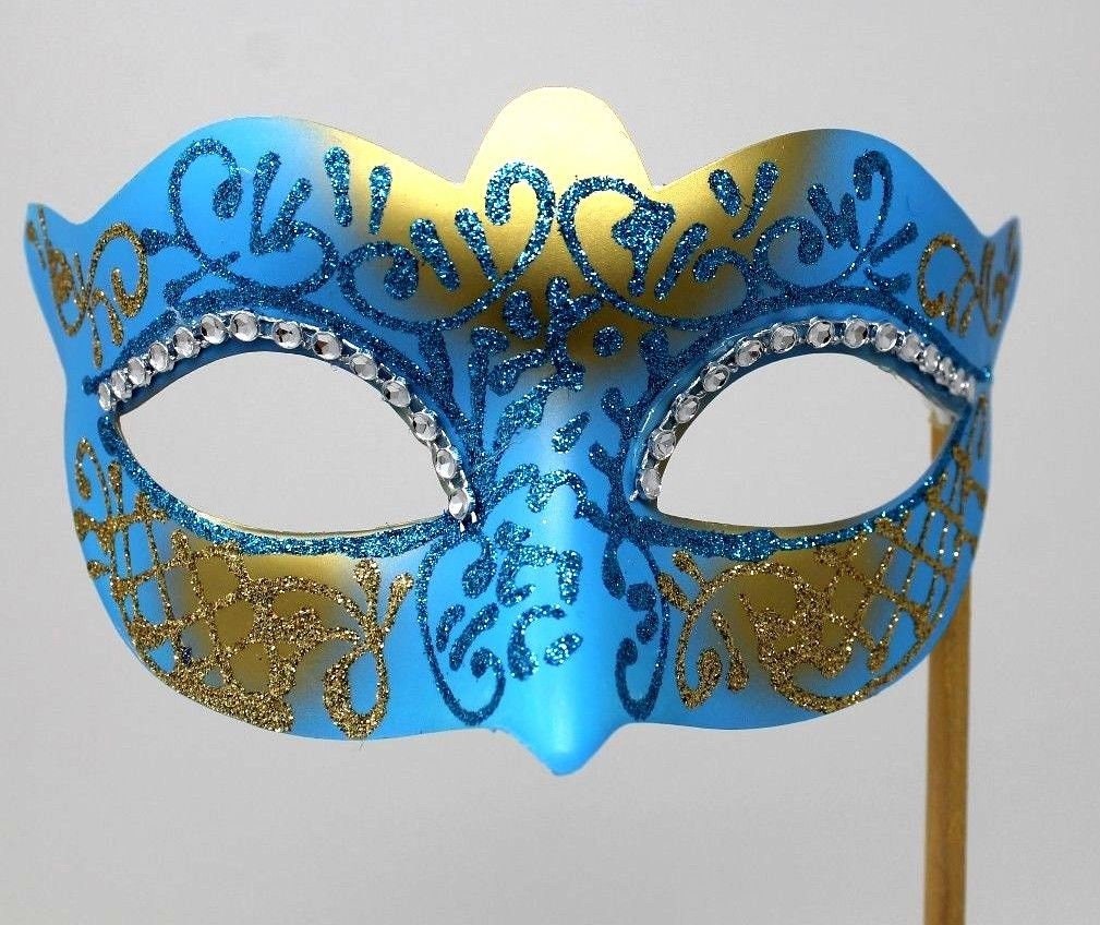 Gold  and Turquoise Blue Diamonte Masquerade Mask on a Gold Stick
