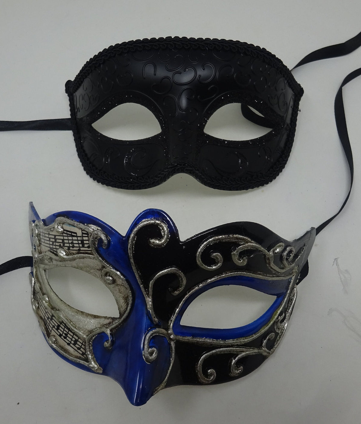 Musical Script Black Silver and Blue His and Hers Couples Pair of Masquerade Party Ball Carnival Masks
