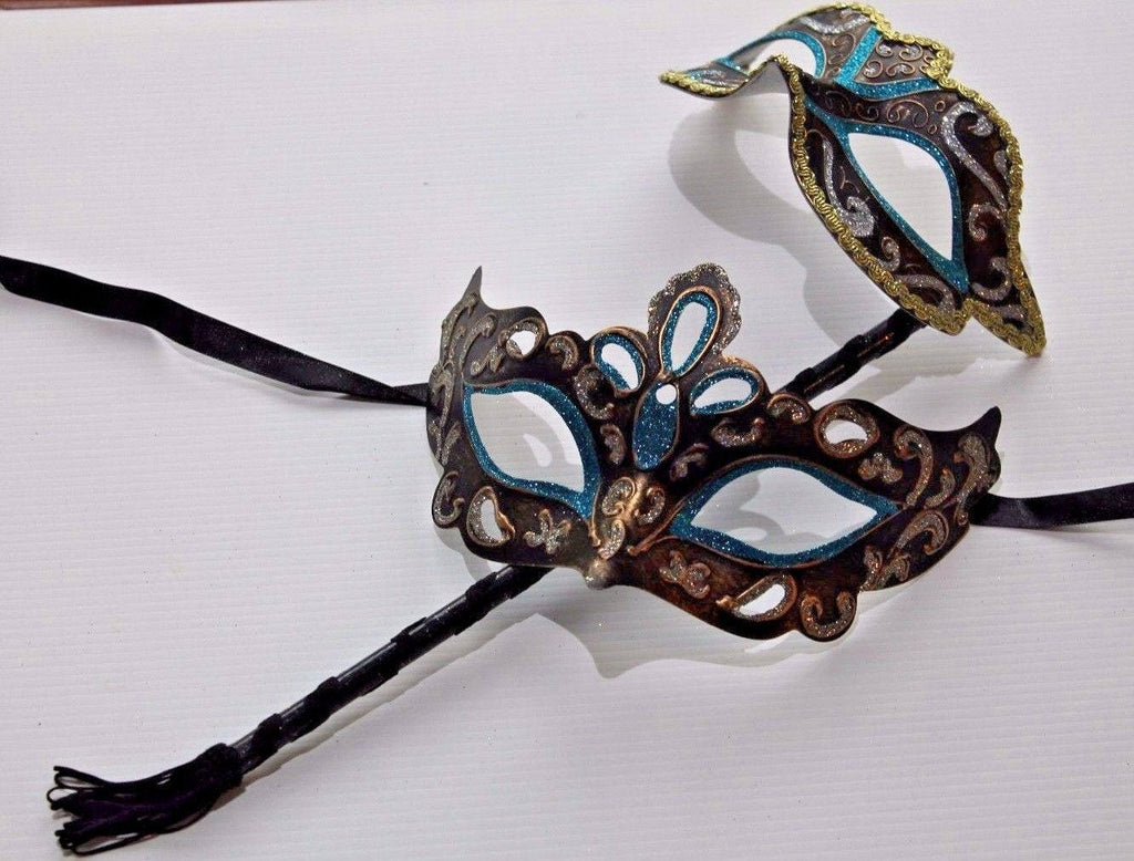 His and Hers Turquoise, Bronze, Silver and Gold Pair of Male and Female Couples Masquerade Masks