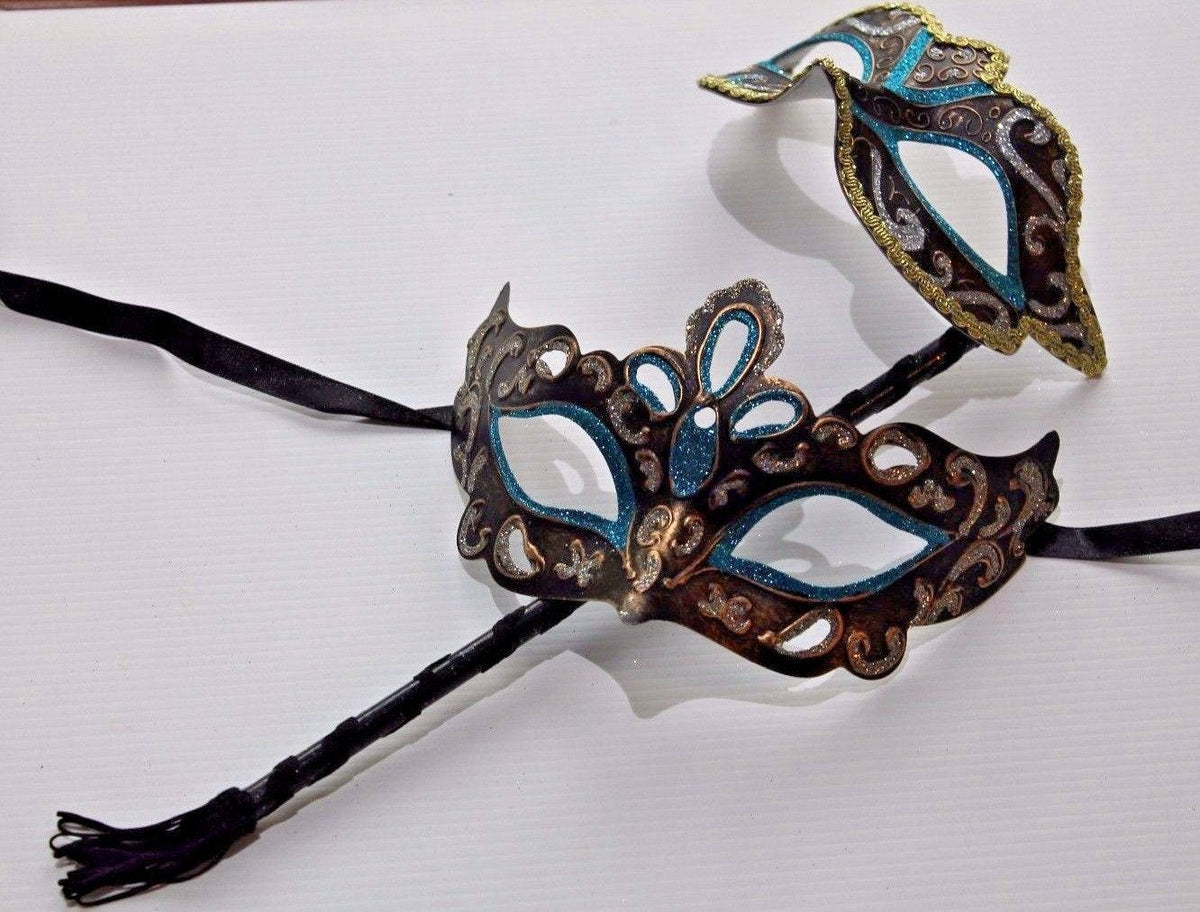 His and Hers Turquoise, Bronze, Silver and Gold Pair of Male and Female Couples Masquerade Masks